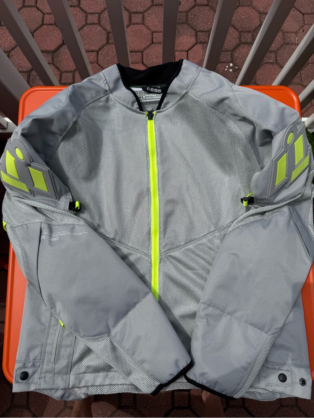 ICON Motorcycle Men’s Light Gray Mesh Jacket with Neon Yellow Trim and protectio
